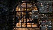 Screenshot of Legend of Grimrock. In the center of image, a monster stands behind the metal bars of a dungeon. On the right, the inventory of a party member.
