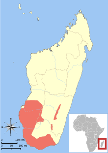 Map of Madagascar, off the southeast coast of Africa, with a range covering most of the southwest portion of the island.