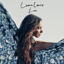 A young, mixed race woman looks towards the camera. Sprouting out of her back are a pair of giant butterfly wings and the words "Leona Lewis: I Am"  above her.