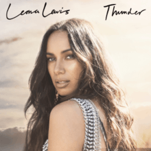 A woman with brown hair with her head turned to the camera. Leona Lewis is written in black font in the top left corner, and Thunder is written in black font in the top right corner.