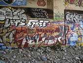 Graffiti on a wall that says "Free Leonard Peltier".
