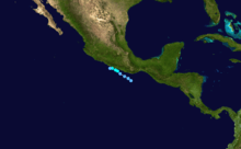 Path of a tropical storm close to Mexico.