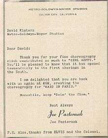A Letter from MGM President Joe Pasternak and Elvis Presley to David Winters thanking him for his choreography on Girl Happy.