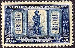 The statue of a minuteman, reproduced upon a blue, five-cent stamp