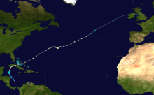 Storm path of hurricane, stretching from the southern Caribbean to the northern Atlantic.