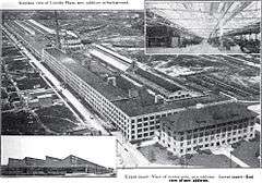 Aerial photograph of extensive building complex, with inset photographs of a ground-level view of a building and the interior of a large warehouse.