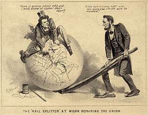 Cartoon of Lincoln and Johnson attempting to stitch up the broken Union