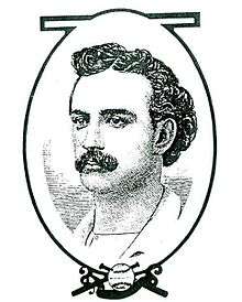 A black and white drawing depicting a man with dark wavy hair and mustache from the neck up
