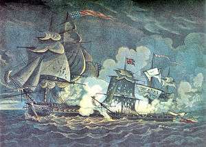 A painting of two sailing ships engaged in battle. The battle occurs in darkness. To the right of the frame a small ship is seen with many holes in its sails from cannon fire. To the left of the frame a much larger ship is firing toward the smaller ship.