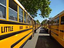 A line of school buses