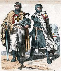 Painting of two crusaders looking in different directions, one holding a sword