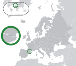Location of  Andorra  (center of green circle)in Europe  (dark grey)  –  [Legend]