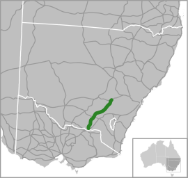 Road map showing a northeast-southwest road in southern New South Wales (west of the Australian Capital Territory)