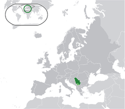 Location of Serbia (green) and the disputed territory of Kosovo (light green)in Europe (dark grey).