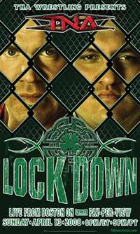 A poster with a green logo saying Lockdown with a shamrock above it. Poster also features two adult white males standing behind chainlink fencing.