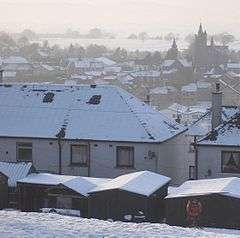 Snow-covered rooftops in Lockerbie, Scotland