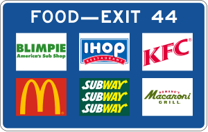 A blue sign consisting of the words "Food-Exit 44" and the logos of the following fast food restaurants: Blimpie, IHOP, KFC, McDonald's, and Subway
