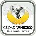 Logo of a black-and-white sculpture, El Ángel. It is a victory symbol personified by an upper naked angel wearing a long skirt. She holds a laurel wreath with her right hand. Below her image, two golden wings are displayed. The slogan "Ciudad de México" is written in black capital letters, with the word "México" bolded, and below the slogan "Decidiendo Juntos" with the same pattern. The whole image is located inside a gray squircle.
