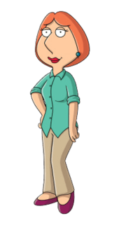 A cartoon drawing of a lady with red hair or ginger hair, with her hand on her hip, red hair, and a blue-green blouse with tan pants.
