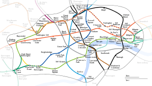 Diagram containing several differently-coloured lines connecting nodes that are small hollow black circles. The lines are and stations are at geographically accurate positions and the curved lines drawn more flexibly than on the traditional Tube map. The river is also included, represented as a geographically accurate light blue strip. This map is arguably harder to read.