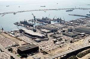 Long Beach Naval Shipyard in 1993;  can be seen in Dry Dock no. 1.