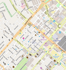 Map showing Long Street and the surrounding area.
