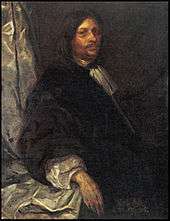 Oil painting of a middle aged white man with long dark hair and full mustache, wearing a voluminous black robe with a white blouse with frilled neck tie and long, puffy sleeves. His body is turned slightly to the right, his face with stern expression turned towards the viewer.