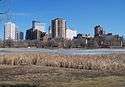 Numerous tall buildings are visible across a small frozen lake. On the near shore are reeds and brown grass.