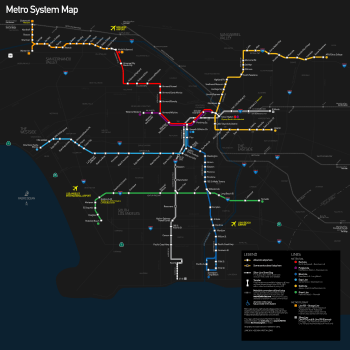A map of the five train lines (Metro Rail) and two rapid bus lines (Metro Busway) in the Los Angeles County Metropolitan Transportation Authority system. There are a red line and a purple line going from east to west in the upper part of the map and a gold line in the northeast corner. There is a blue line going from north to south in the middle of the map, and a green line going from east to west near the bottom.