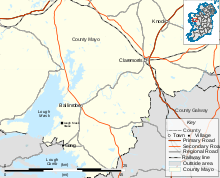 Map of the Lough Mask area of County Mayo, showing the location of Lough Mask House. The house is 6 kilometres (3.7 mi) southwest of Ballinrobe, and 6 km north of Cong; Claremorris is a further 22 kilometres (14 mi) north-east of Ballinrobe.