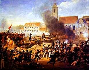 French troops storming the bridge at the Battle of Landshut