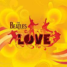 Orange outlines of the Beatles jumping on a swirling golden background in front of the word "LOVE"