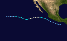Storm track of Hurricane Lowell, which starts by paralleling the Pacific coast of Mexico, before veering westward and eventually dissipating