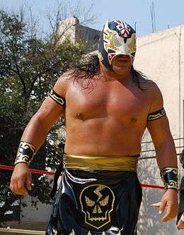 A picture of masked wrestler Último Guerrero in the ring during and outdoor wrestling event