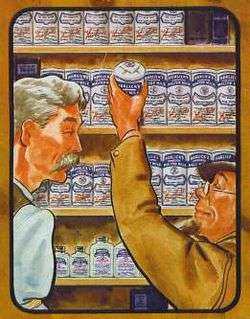 Illustration of two men in profile before a wall of shelves filled with identically labeled cans. The man on the left is taller and has a mustache. The shorter man on the right is goateed and wears glasses and a cap; he is pulling down a can.