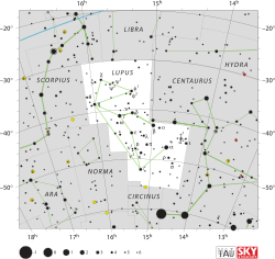 Diagram showing star positions and boundaries of the constellation of Lupus and its surroundings