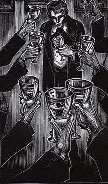 A black-and-white illustration.  Framed by arms raising wineglasses, a dark figure stands at the top of the image, his eyes in shadows and with a depressed expression on his face