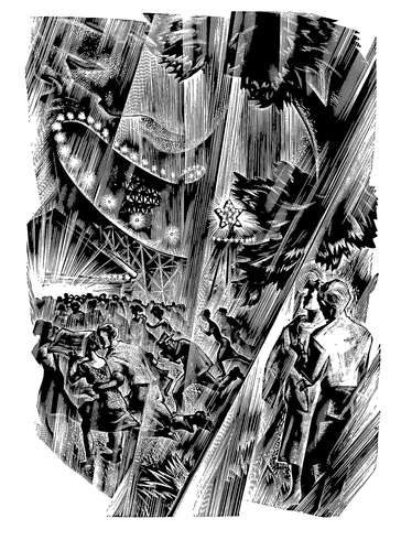 A black-and-white drawing of a rainstorm at an amusement park.  People run for cover, with a brightly-lit roller coaster in the background.