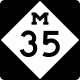 A white diamond containing a black M above the number 35, all surrounded by a black square