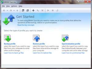 Screenshot of @MAX SyncUp: a Microsoft Windows window with menubar and toolbar, with the title "Get Started" above text reading "To start using @MAX SyncUp you need to create one or more profiles that define the operation of the backup, restore or synchronization." Below that is blue text reading "Read the key concepts", then below that, "Select the type of profile you want to create." There are three profile icons: one with a green arrow pointing down reading "Backup profile: select this type if you want to copy files from your computer to some other archive storage.", one with a blue arrow pointing up reading "Restore profile: select this type if you want to copy files from some archive storage to your computer", and one with both arrows reading "Synchronization profile: select this type if you want to copy files bidirectionally between your computer and some other storage".