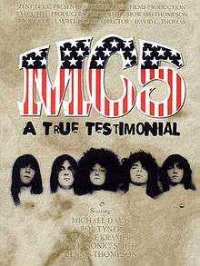 The characters MC5 in red, white and blue; below them, the faces of five men