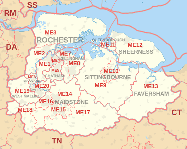 ME postcode area map, showing postcode districts, post towns and neighbouring postcode areas.