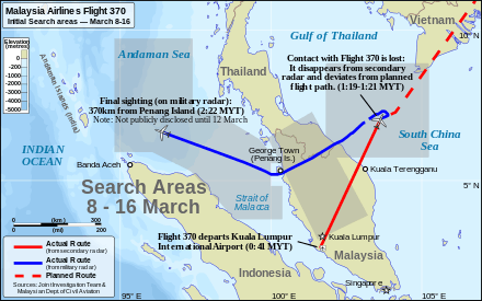 Map of southeast Asia with the known flight path of Flight 370, markers at certain events (departed KLIA, contact with ATC lost, last position from military radar), and the search areas in this region.