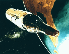 Gemini reentry capsule separates from the orbiting MOL