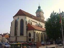 The exterior of Maribor Cathedral features a 53-metres high bell tower.