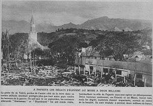 Ruined bombed out buildings near a church in Papeete after the bombardment.
