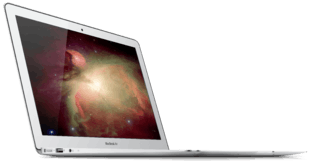 A mid-2012 Macbook Air placed on a slight angle, with its gloss screen showcasing a nebula.
