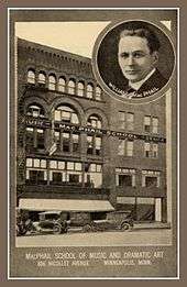 Old five story building with two old cars parked in front, sign says MUSIC - MAC PHAIL SCHOOL - DRAMA. Circular inset at upper right of head of male in late twenties, wearing white shirt, black suit and tie, labeled WILLIAM MacPHAIL. Under photo says MacPHAIL SCHOOL OF MUSIC AND DRAMATIC ART/816 NICOLLET AVENUE MINNEAPOLIS, MINNESOTA.