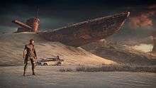Screenshot of Max, the Magnum Opus and a large ship half-buried in sand