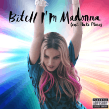 The remixes cover showing Madonna in a blue top and pink highlights in her hair, with both her hands up. She is standing against a colorful haloed background.